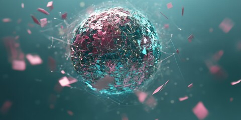 Aufkleber - A stylized, abstract representation of a globe with vibrant colors and dynamic particles.