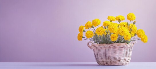 Poster - A basket filled with vibrant yellow flowers against a soft purple background.