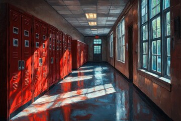Poster - A hallway with red lockers and sunlight streaming through windows, creating reflections on the floor.