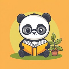 Poster - A cute panda wearing glasses reads a book next to a small potted plant on a colorful background.