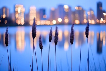 Poster - Serene lakeside scene with tall grass and city lights reflecting on water.