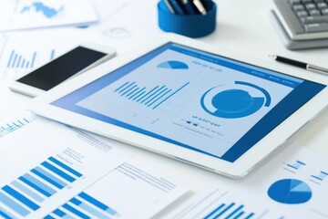 Aufkleber - A tablet displaying data analytics with graphs and charts on a desk surrounded by documents.
