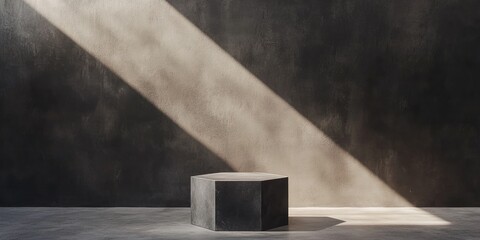 Aufkleber - A minimalistic space featuring a hexagonal pedestal under dramatic lighting against a dark wall.