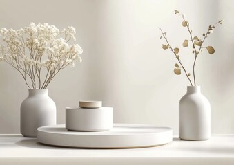 Poster - Minimalist arrangement of white vases and dried flowers on a neutral background.