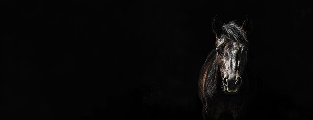 Poster - A dark, moody portrait of a horse, emphasizing its features against a black background.