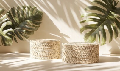Poster - Two woven baskets surrounded by tropical leaves, creating a serene, stylish decor.