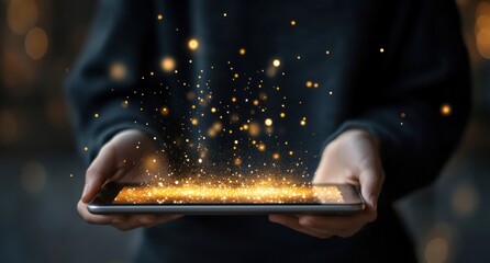 Poster - A person holding a tablet, emitting sparkling golden particles, suggesting magic or creativity.