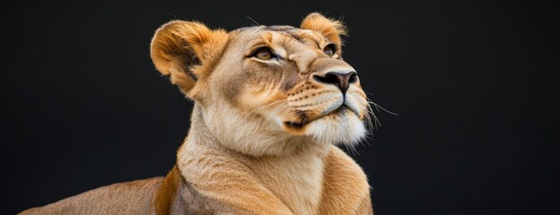 Aufkleber - A close-up of a lioness gazing upward against a dark background.