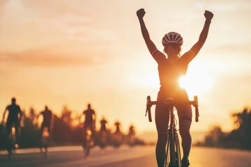 Aufkleber - A cyclist celebrates victory during a sunset ride, surrounded by fellow riders.
