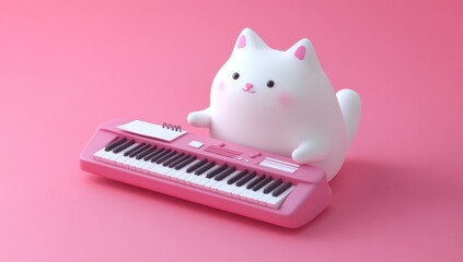 Aufkleber - A cute, cartoonish cat playing a pink keyboard against a soft pink background.