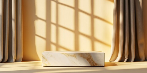 Poster - A minimalist scene featuring a marble block and curtains casting shadows on a wall.