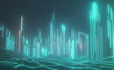 Poster - Abstract digital landscape with glowing structures and wave patterns.