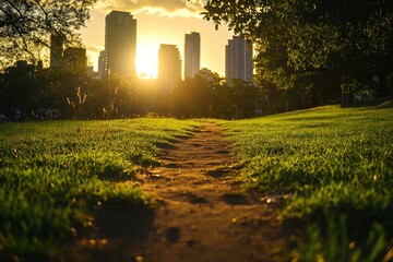 Poster - A sunlit pathway through grass with city skyline in the background at sunset.