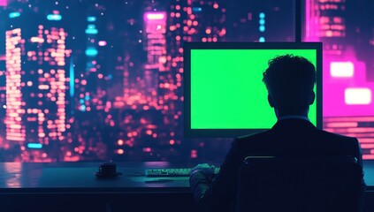 Aufkleber - A person in a suit sits at a desk, facing a computer with a green screen and a city view.