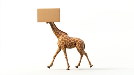 Poster - A whimsical giraffe with a box for a head, walking in a minimalist style.