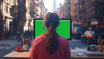 Aufkleber - A person working at a computer with a green screen, overlooking a busy city street.