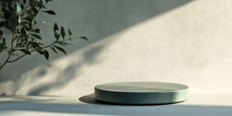 Leinwandbilder - A minimalist green plate on a surface with soft shadows and a plant in the background.