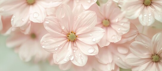 Fototapete - A close-up of delicate pink flowers adorned with water droplets.
