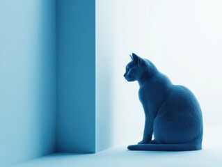 Poster - A stylized blue cat silhouette sitting quietly against a minimalistic backdrop.