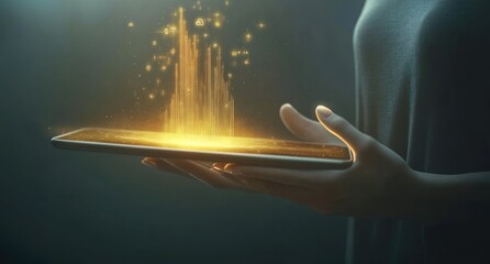 Poster - A person holding a tablet emitting golden light, symbolizing technology and creativity.