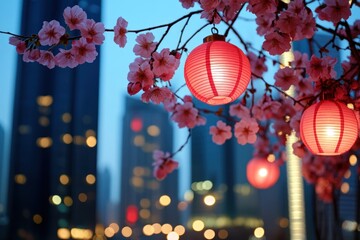 Poster - A serene urban scene featuring cherry blossoms and lanterns against a city backdrop.