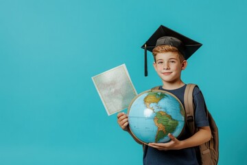 Poster - A young boy in a graduation cap holds a globe and a map, symbolizing education and exploration.