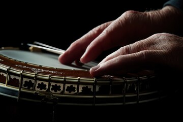 Poster - A close-up of hands playing a banjo, highlighting the instrument's craftsmanship and music.
