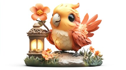 Poster - A whimsical bird figurine with a flower and lantern, evoking a sense of charm and warmth.