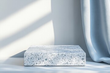 Aufkleber - A minimalist concrete block on a shelf with soft shadows and a curtain.