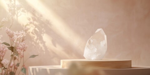 Poster - A crystal sits on a wooden base, illuminated by soft light, surrounded by delicate flowers.
