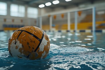 Aufkleber - A weathered water polo ball floating in a pool, emphasizing sports and recreation.