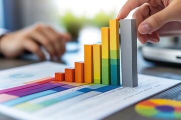 Poster - A hand adjusts colorful bar graph figures on a document, representing data analysis.