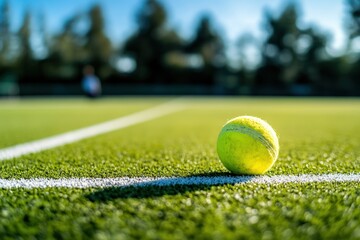 Aufkleber - A close-up of a tennis ball resting on a vibrant green court surface.