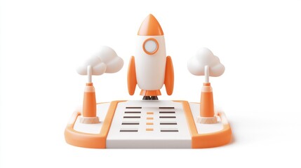 Aufkleber - A stylized rocket model surrounded by trees and towers on a platform.