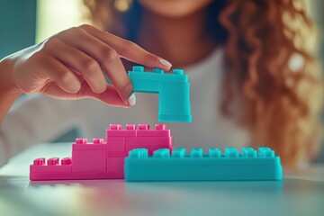 Poster - A person assembling colorful building blocks on a table, focusing on creativity and play.