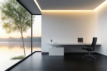 Aufkleber - Modern office with a serene view of nature by the water.