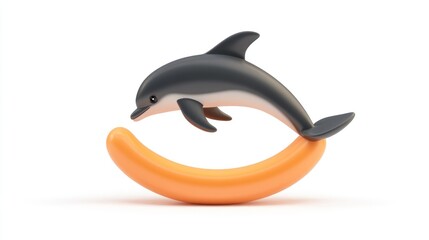 Poster - A playful dolphin figure leaping over a curved orange shape, evoking fun and creativity.