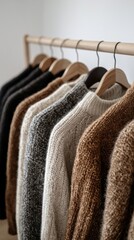 Poster - A stylish rack features meticulously arranged sweaters in warm hues, displaying an artistic blend of textures. The minimalist design elevates the cozy atmosphere in this serene space