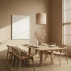 Aufkleber - A minimalist dining room featuring a wooden table, chairs, and soft lighting for gatherings.