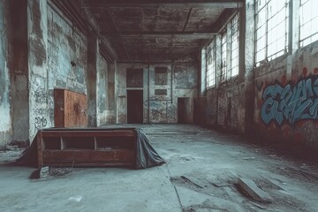 Poster - An abandoned industrial space with graffiti and a covered piano, evoking urban decay.