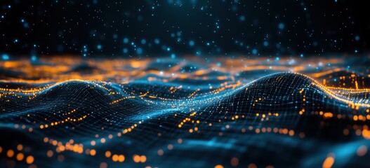 Aufkleber - Abstract digital landscape with glowing blue and orange waves representing data flow.