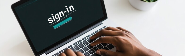 Poster - A laptop displaying a sign-in screen with hands poised to type.