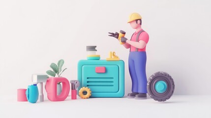 Poster - A colorful 3D illustration of a worker using tools in a workshop setting.