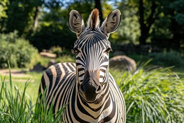 Aufkleber - A close-up of a zebra in a lush green environment, showcasing its distinctive stripes.