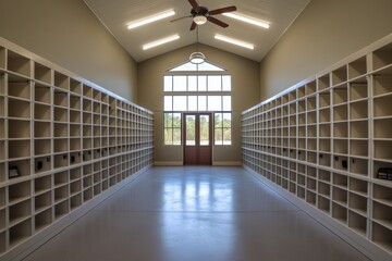 Poster - A spacious hallway with shelving units and large windows, designed for storage or display.