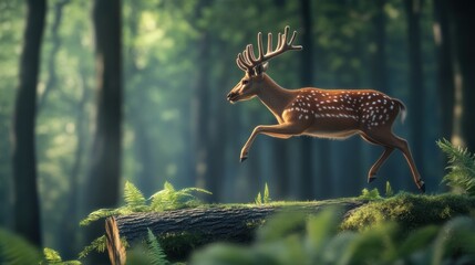 Poster - A deer gracefully leaps over a fallen log in a sunlit forest.