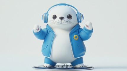 Aufkleber - A cute cartoon seal wearing headphones and a blue jacket, standing playfully.