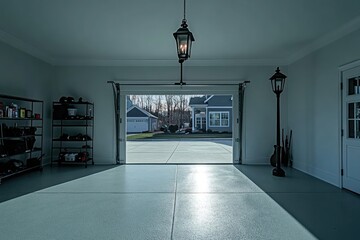 Aufkleber - A spacious garage with an open door, showcasing a well-lit interior and outdoor view.