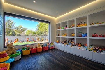 Poster - A colorful playroom filled with toys and a view of an outdoor playground.