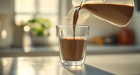 Poster - A steaming beverage is being poured into a glass, suggesting warmth and comfort.
